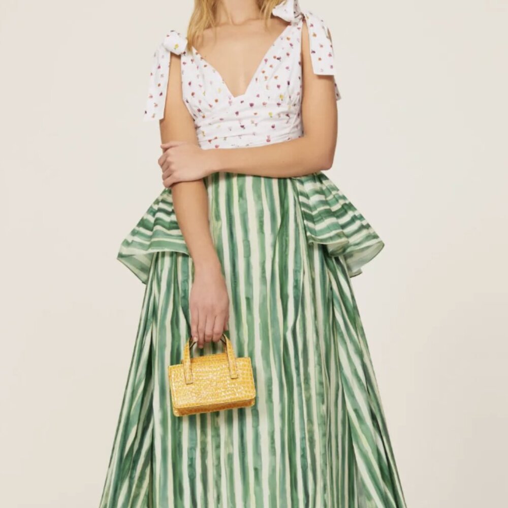 Rosie Assoulin Green Striped Midi Dress with White Printed Bodice